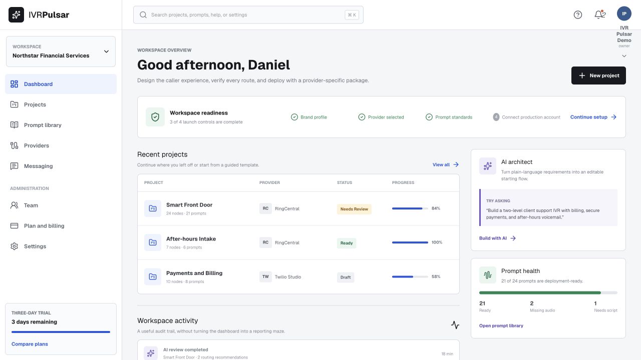 Press1 dashboard showing recent call-experience projects and workspace readiness