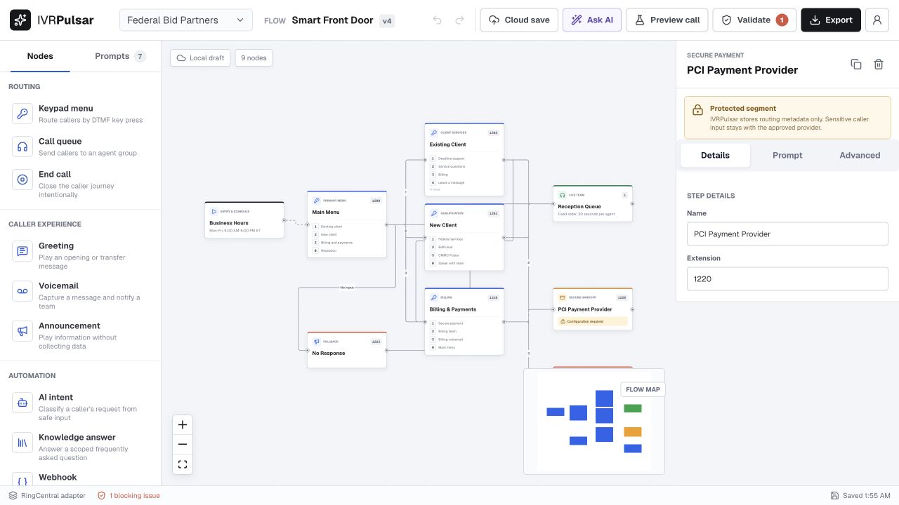 Press1 visual editor with multilevel IVR nodes, routes, and prompt tools